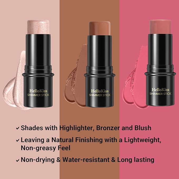 3Pcs Cream Contour Stick, with Highlighter Stick Bronzer Stick Blush Stick, Face Contour Stick Highlighter Makeup with Makeup Brush and Sponge for Sculpt the Cheeks, Long Lasting, Waterproof-Velvo Beauty