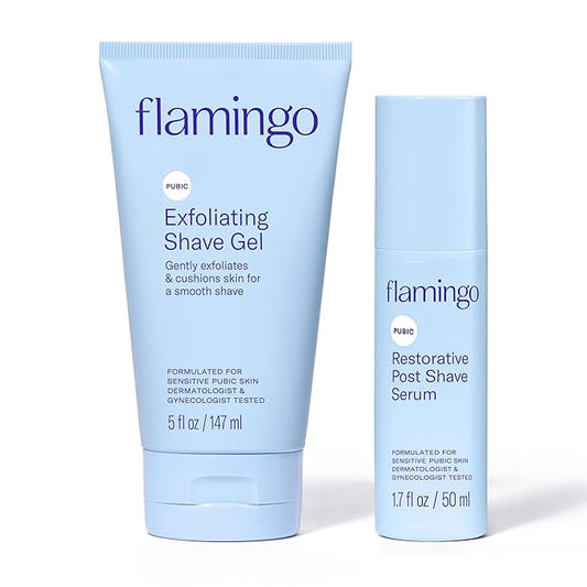 Flamingo Pubic Hair Shaving Skin Care Set, Exfoliating Shaving Gel for Women 5 fl oz with Restorative Post Shave Serum 1.7 fl oz-Velvo Beauty