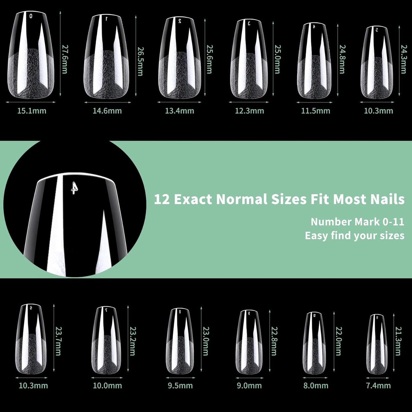 Medium Coffin Nail Tips, 216pcs Acrylic Ballerina Soft Fake Nails Gel Nail Tips, Full Cover Pre-Shaped Matte Clear Press on Nails for Extension, Diy at Home Manicure 12 Sizes-Velvo Beauty