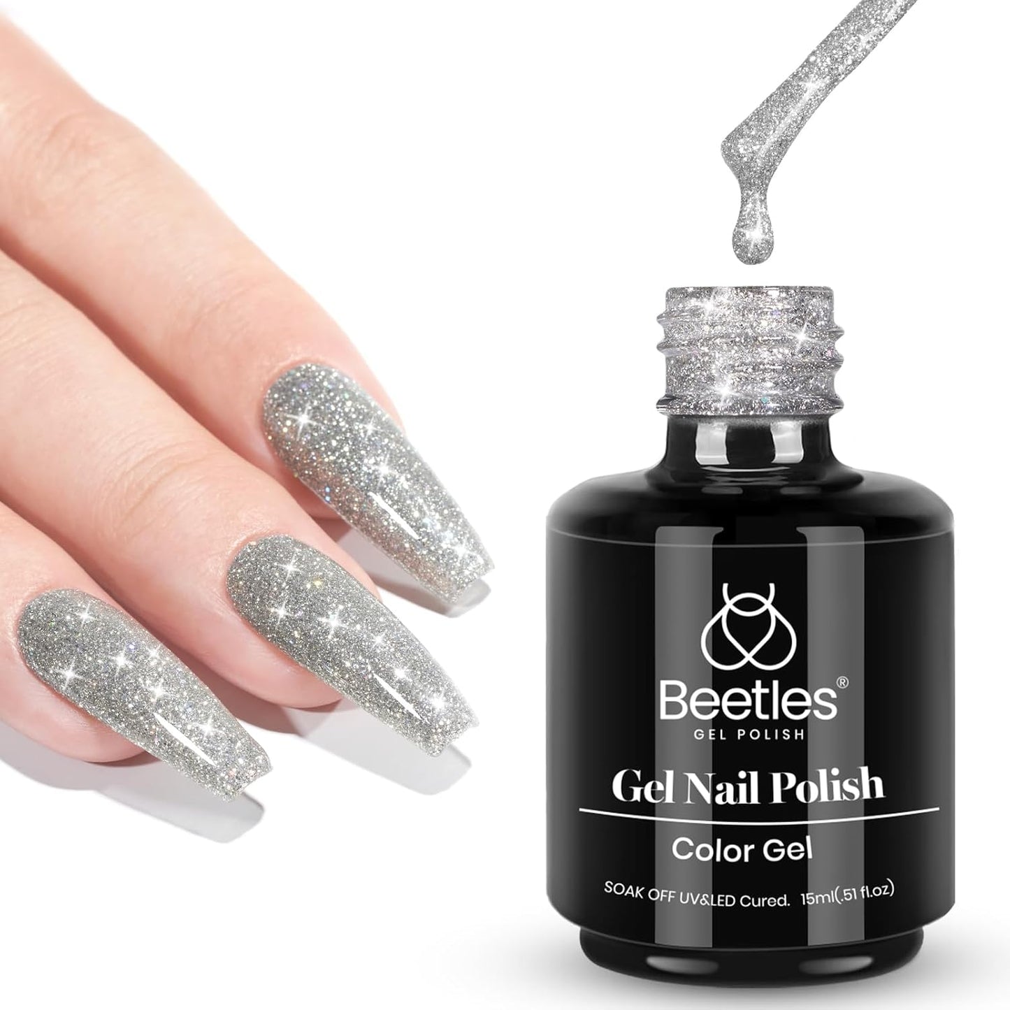 Beetles Reflective Gel Nail Polish 15ml Silver Glitter Nail Polish Shimmer Soak Off Uv LED Lamp Gel Nail Art Manicure Salon DIY Home Diamond-Velvo Beauty