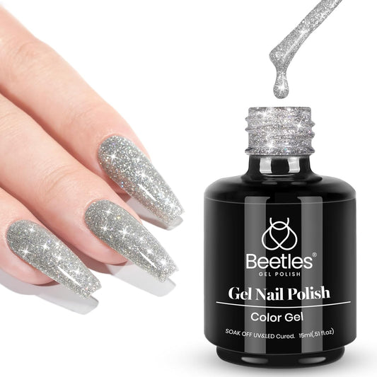 Beetles Reflective Gel Nail Polish 15ml Silver Glitter Nail Polish Shimmer Soak Off Uv LED Lamp Gel Nail Art Manicure Salon DIY Home Diamond-Velvo Beauty