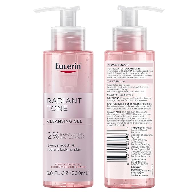 Eucerin Radiant Tone Face Cleanser Gel with 2% Exfoliating AHA Complex, Gentle Face Wash Improves Skin Clarity and Boosts Radiance, All Skin Types, 6.8 Fl Oz Bottle-Velvo Beauty