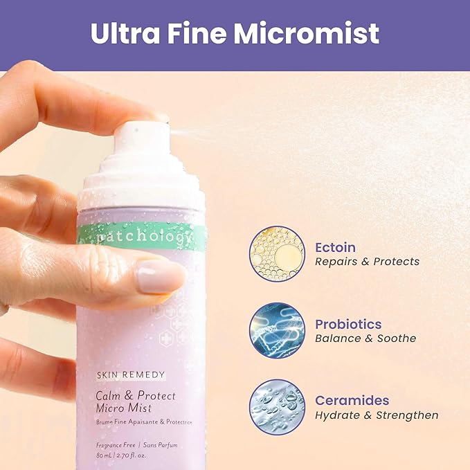 Patchology Skin Remedy Calm & Protect Micro Mist – Hydrating Facial Spray with Ectoin, Probiotics & Botanical Blend - Fragrance Free - Refines Pores & Leaves a Fresh Glow - 80 mL-Velvo Beauty