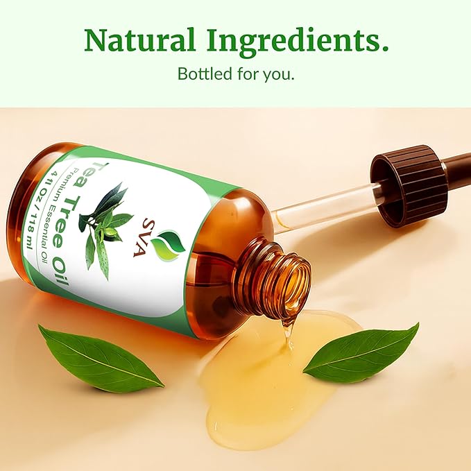 SVA Tea Tree Essential Oil – 4 Fl Oz – 100% Natural Tea Tree Oil - for Diffuser, Hair Care, Face, Skin Care, Aromatherapy, Scalp and Body Massage, Soap and Candle Making – with Dropper-Velvo Beauty