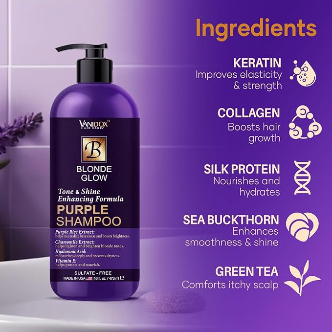 Sulfate Free Brass Toning Purple Shampoo for Blondes, Brown Highlighted, or Bleached Hair, Infused with Purple Rice Extract, Hyaluronic Acid, Vitamin E, and Chamomile Extract (16 fl oz)-Velvo Beauty