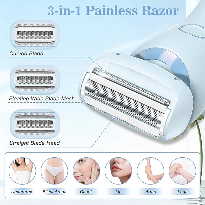 Livora Electric Shaver for Women, 2 in 1 Wet & Dry Bikini Trimmer with 2 Removable Heads, The Glide Pro 3.0 Razor, Painless Hair Removal for Bikini, Legs, Underarms, Body (Blue)-Velvo Beauty