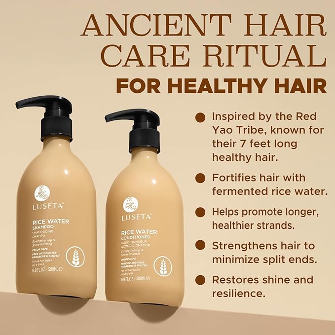 Luseta Rice Water Shampoo and conditioner Set Strengthening & Nourishing Revitalizes Shine for All Hair Types Hydrating & Frizz Control for Women and Men 16.9oz*2-Velvo Beauty
