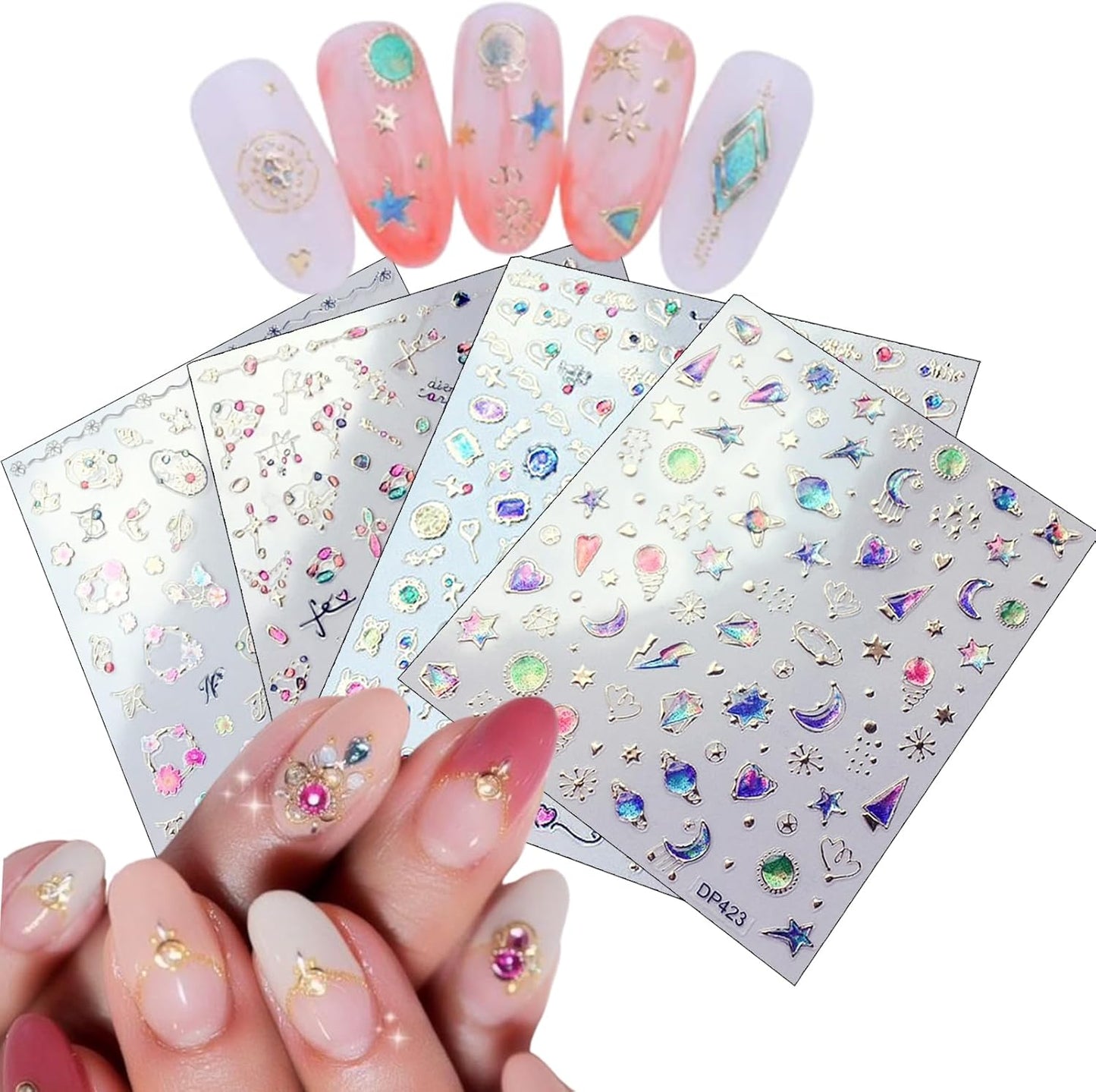 4 Sheets Star Sun Moon Nail Art Stickers 3D Holographic Self Adhesive Glitter Colorful Floral Nail Stickers Sparkly Heart Gems Design Nail Supplies for Women and Girls DIY Manicure Decoration-Velvo Beauty