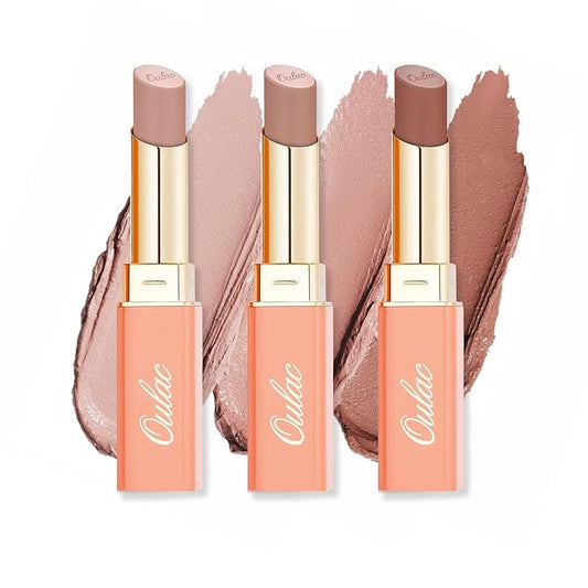 Oulac Nude Hydrating Lipstick Set For Women High Impact Lipcolor Tinted Lip Balm, Nourishing, Satin Finish, Moisturizing Creamy Formula, Vegan Clean Beauty Sensual Glow Rich Crème 01+02+04(SET 1)-Velvo Beauty