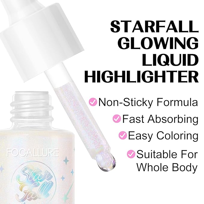 FOCALLURE Starfall Glowing Liquid Highlighter, Shimmering Body Oil, Non-Sticky Shimmer Liquid Luminizer, Non-Greasy, Face & Body Glitter Makeup for Costumes, Cosplay, Rave Festival, CYPRIDINA-Velvo Beauty