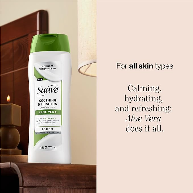 Suave Soothing Hydration Hand & Body Lotion With Aloe Vera Refreshes Dry Skin, Fast Absorbing, Intensive Moisturizing Cream For Women, Non Greasy, Allergen Free, 18 FL OZ, 6 Pack-Velvo Beauty