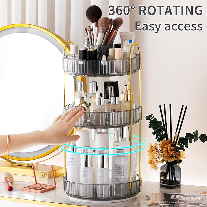 360° Rotating Makeup Organizer, Large-Capacity Skincare Make Up Storage 3 Tier Perfume Organizers Cosmetic Dresser Organizer with Makeup Brush Holder, Fits Bedroom, Bathroom, Vanity Shelf Countertop-Velvo Beauty