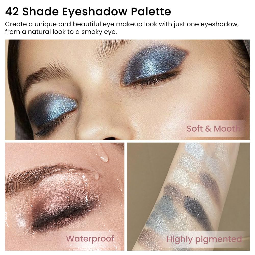 42 Colors Smokey Eye Shadow Makeup Palette,Nude White Black Grey Brown Matte Shimmer eutral Natural Eyeshadow,Waterproof, Long Lasting Naturing-Looking-Velvo Beauty