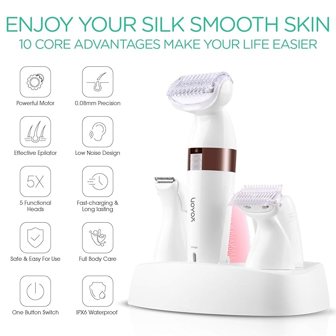 VOYOR Electric Shaver for Women Bikini Trimmer Hair Remover for Face Body, 5 in 1 Groomer Kit Lady Shaver Bikini Razor Women for Hair Trimmer, Cordless Rechargeable Waterproof ES500-Velvo Beauty