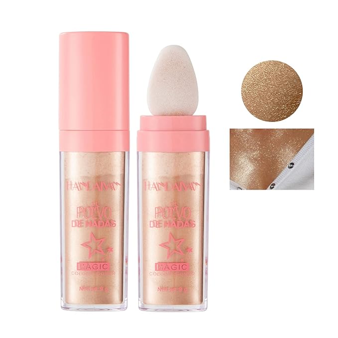 AKARY Shimmer Highlighter Powder, Fairy Polvo De Hadas Highlighter Powder & Blush Stick, Instant Glow Luminizer Duo, Glitter Body Face Hair High Gloss Stick, Sparkle Smudge-Proof Highlighter Stick Party Makeup (#03 Golden Brown)-Velvo Beauty