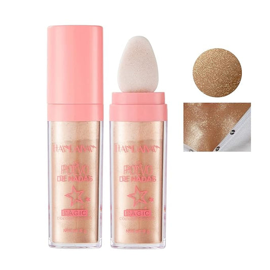 AKARY Shimmer Highlighter Powder, Fairy Polvo De Hadas Highlighter Powder & Blush Stick, Instant Glow Luminizer Duo, Glitter Body Face Hair High Gloss Stick, Sparkle Smudge-Proof Highlighter Stick Party Makeup (#03 Golden Brown)-Velvo Beauty