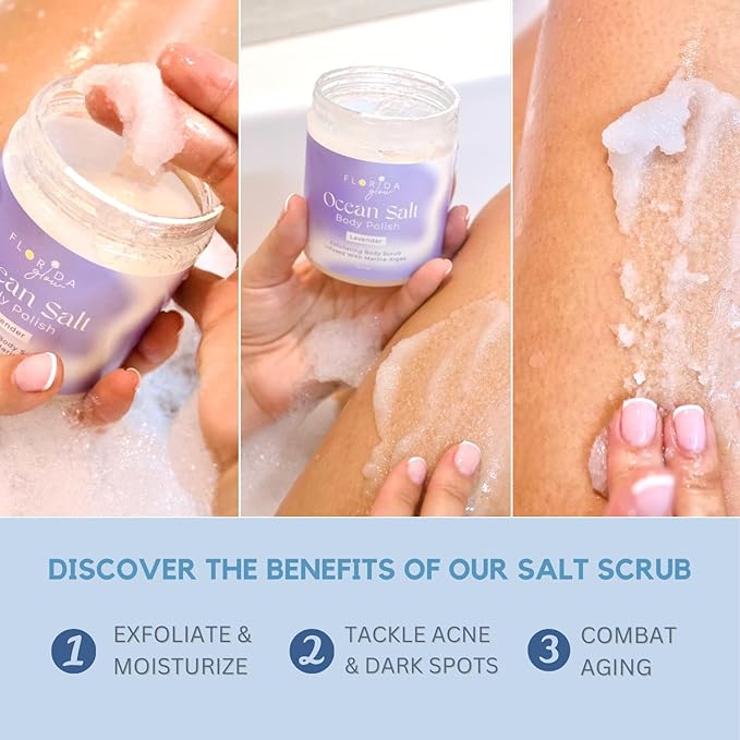 Sea Salt Body Scrub by Florida Suncare - Ocean Salt Body Polish Infused with Marine Algae - Exfoliating Face and Body Scrub - Facial Scrub Exfoliator to Tackle Acne and Scars (Coconut, 12.1 oz)-Velvo Beauty