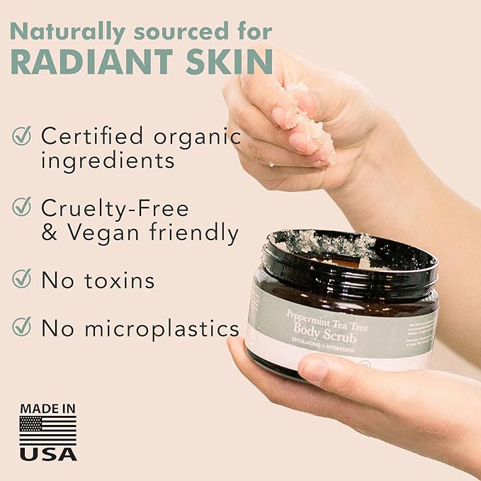 Peppermint Tea Tree Organic Body Scrub - USA Made Sugar Scrub with Natural Ingredients, Moisturizing Body & Foot Exfoliator for Dry and Sensitive Skin, Removes Dead Skin Cells & Reduces Ingrown Hair-Velvo Beauty