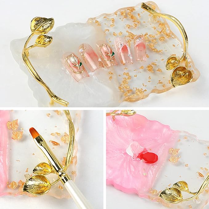 2023 Retro Nail Art Palette, Nail Painting Mixed Color Palette with Leaves Handle, Nail Holder Gel Color Makeup Display Board Pallet (Pink)-Velvo Beauty
