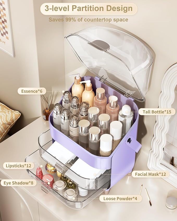 Makeup Organizer, Skincare Holder Bathroom Counter Organizer, Storage Box Cosmetic Display Cases, Teen Girl Gifts Trendy Stuff Make up Organizers for Vanity, Dresser, Countertop (purple)-Velvo Beauty