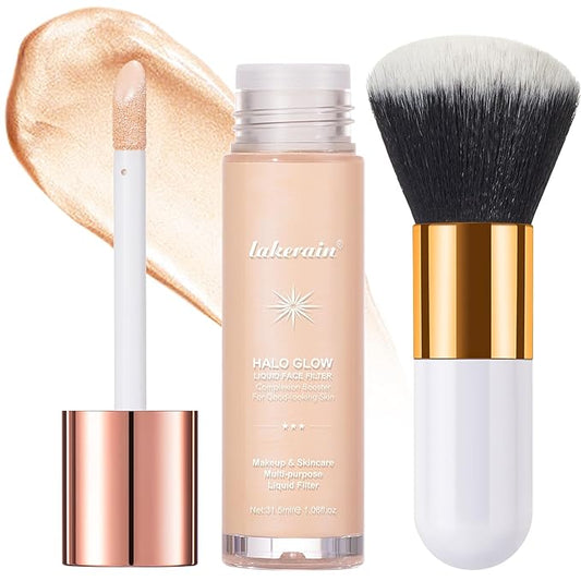 Natural Glow Liquid Filter Makeup, Longwear Face Luminizer, Complexion Booster For Any Part of the Body, Liquid Highlighter with Brush Kit, Infused Hyaluronic Acid, 1.06 fl oz (#02 FAIR/LIGHT)-Velvo Beauty