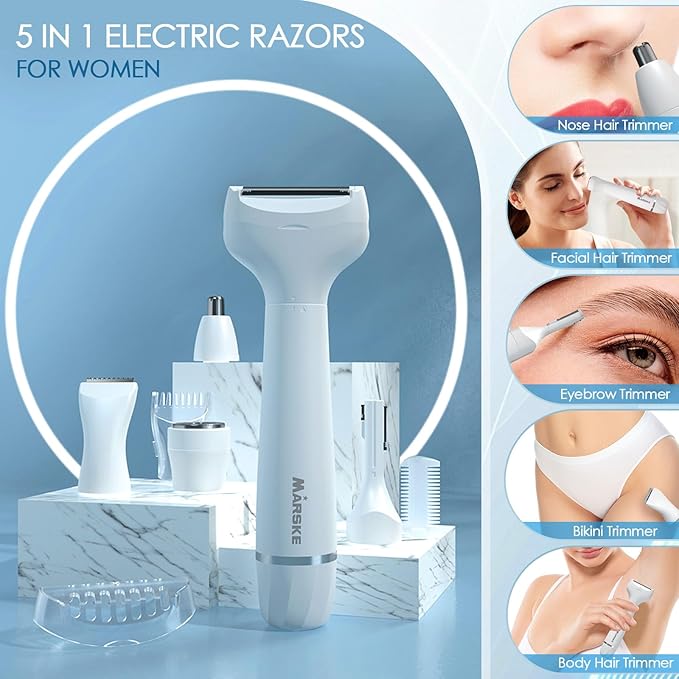 5 in 1 Facial Hair Removal and Bikini Hair Trimmer for Women, Nose Eyebrow pubic Hair Trimmer,Replaceable Electric Razors, Waterproof Electric Shaver Easy Cleaning, Women's Grooming Kit-Velvo Beauty