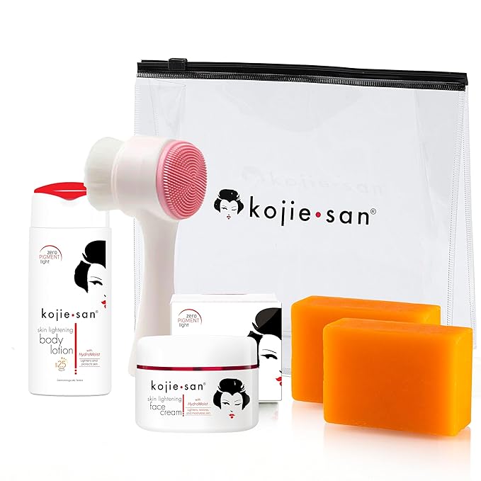 Kojie San Face & Body Complete Brightening Mini Set - 65 Gram x 2 Bars Soap, Body Lotion, Face Cream, and Facial Cleansing Brush-Velvo Beauty