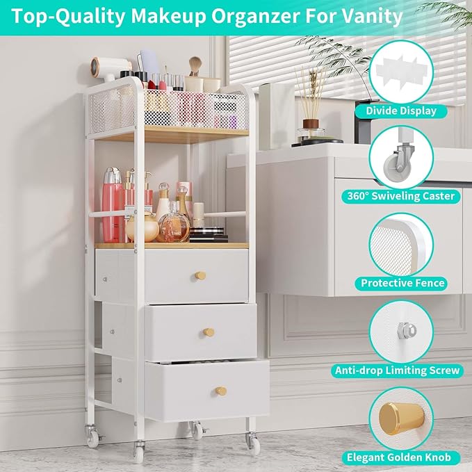 HapiRm Rolling Makeup Cart Organizer - Floor Skincare Make Up Storage with 3 Drawers, Vanity Organizer Cosmetic Display Cases Holder for Skin Care Perfume Nail Polish Brush Hair Tool-Velvo Beauty