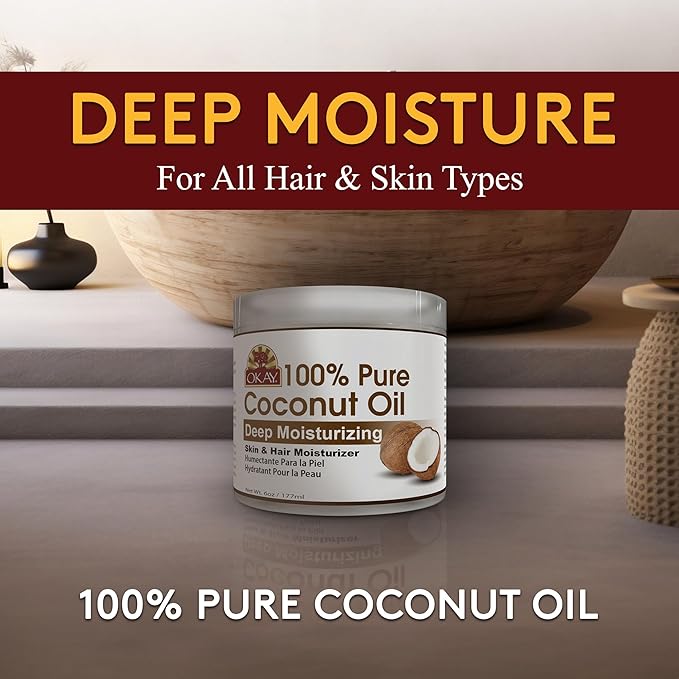 Okay 100% Pure Coconut Oil for Hair & Skin - Coconut Oil for Women & Men, Perfect for Hair & body, Natural Massage Oil & Moisturizer - 6 fl oz Jar (Pack of 1)-Velvo Beauty