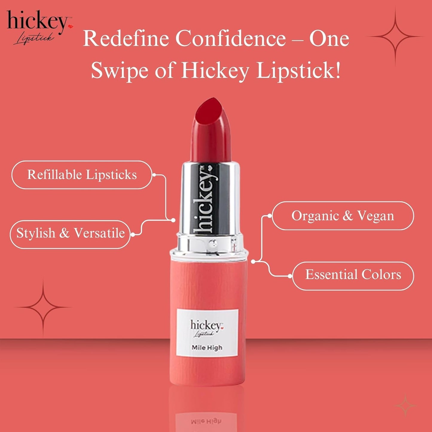 Hickey Lipstick Mile High Organic Perfect Red Lipstick Refill - Long Lasting Lipstick for Women - Hydrating & Moisturizing Shade, Best Lip Color for Women, Gluten-Free & Vegan with Highly Pigmented-Velvo Beauty