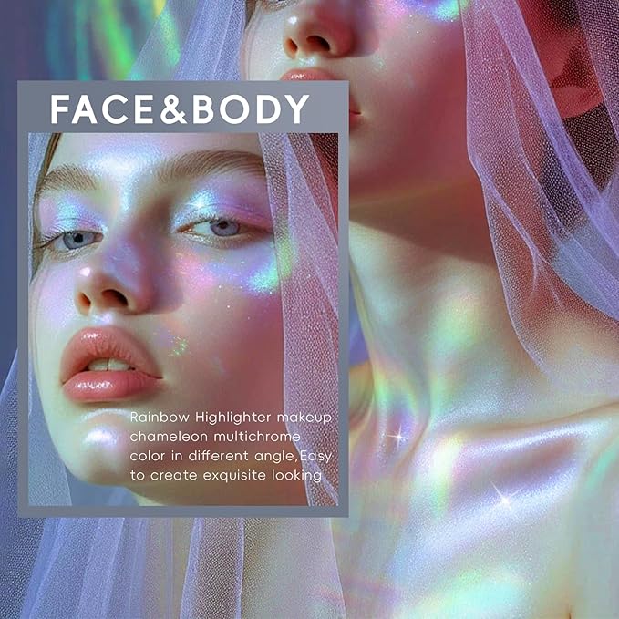 Chameleon Face Highlighter Palette, Glitter Metallic Rainbow Eyeshadow Holographic Sparkling Long Lasting Color Shifting Inner Corner Eye Brightener Illuminator Shimmer Highlighter Makeup-Velvo Beauty