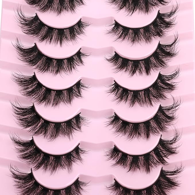 Mink Lashes False Eyelashes Wispy 3D Volume Cat Eye Faux Mink Eyelashes Natural Look 18mm Strip Eyelashes Pack 7 Pairs by Kiromiro-Velvo Beauty