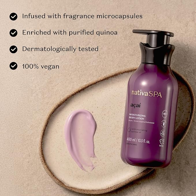 Nativa SPA by O Boticário, Açaí Moisturizing Body Lotion | Long-Lasting Hydration and Lightweight, Fragranced Moisturizer, 13.5 Ounce-Velvo Beauty