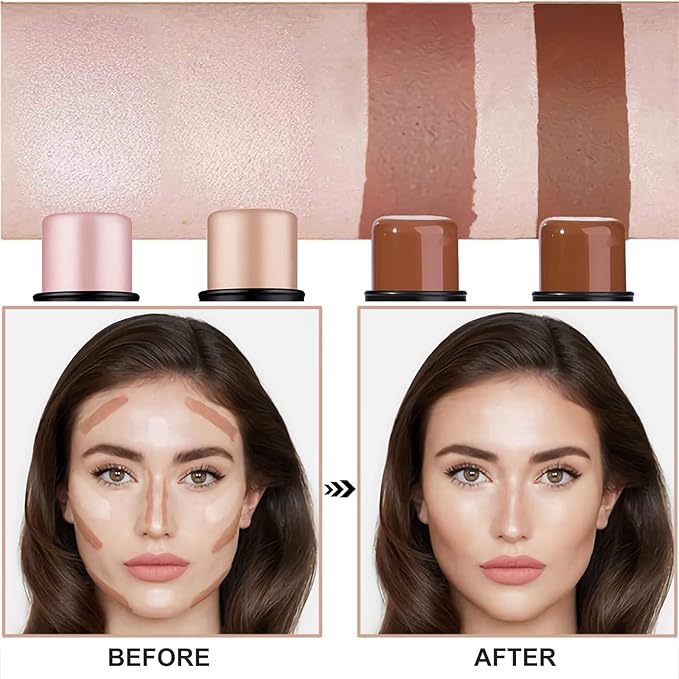 4 Pcs Cream Contour Foundation Stick, Highlighter & Bronzer Pen, Face Brightens & Shades Pencil, Highlighting Shade Longwear Makeup, Highlight Bronzer Shaping Trimming Stick Cream-Velvo Beauty
