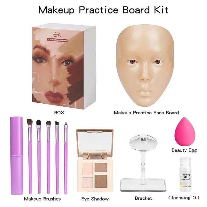 Makeup Practice Mannequin Face, 5d Reusable Silicone Makeup Practice Board Full Face with Makeup Brushes Sponge Set and Eyeshadow Board Makeup Kit for Emerging Makeup Artist, Girl's Gift-Velvo Beauty