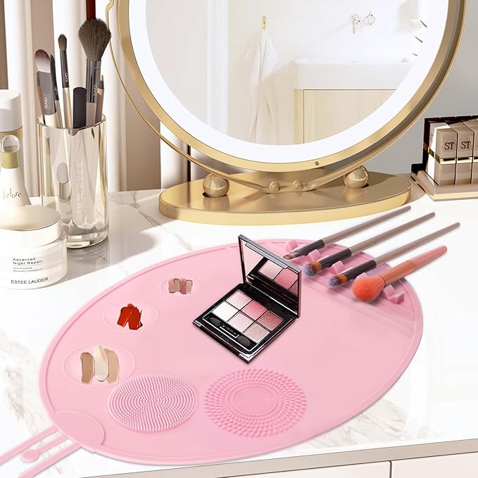 Makeup Palette, 3 in 1 Silicone Makeup Mat with Brush Cleaner and Vanity Protector Design for Mixing Foundation Eye Shadow Nail Art Gel, Cosmetic Brush Washing, Easy to Clean, Pink-Velvo Beauty