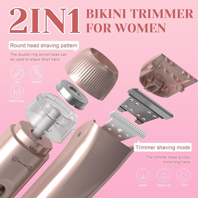 Bikini Trimmer for Women - 2025 New 2-in-1 Dual-Head Electric Shaver,Rechargeable Professional Painless Electric Razors, IPX7 Waterproof Body Hair Trimmer & Facial Hair Remover for Wet & Dry-Velvo Beauty