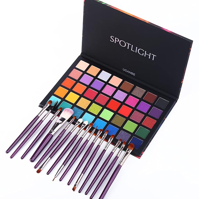 UCANBE Spotlight Eyeshadow Palette + 15 PCS Eye Brushes Makeup Set, Professional 40 Color Matte Shimmer Glitter Eye Shadow Pallet Highly Pigmented Waterproof Long Lasting Make up Pallete-Velvo Beauty