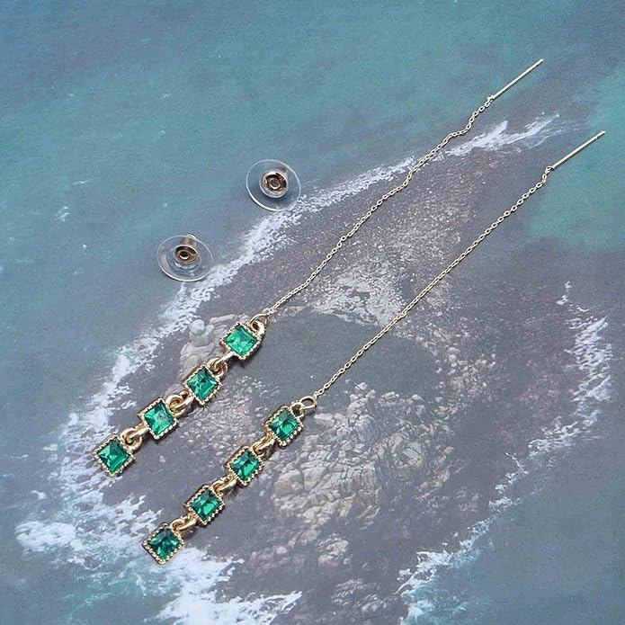 Vintage Emerald Crystal Threader Earrings Green Gem Drop Earrings Emerald Cz Square Earrings Gold Long Emerald Chain Earrings Jewelry for Women-Velvo Beauty