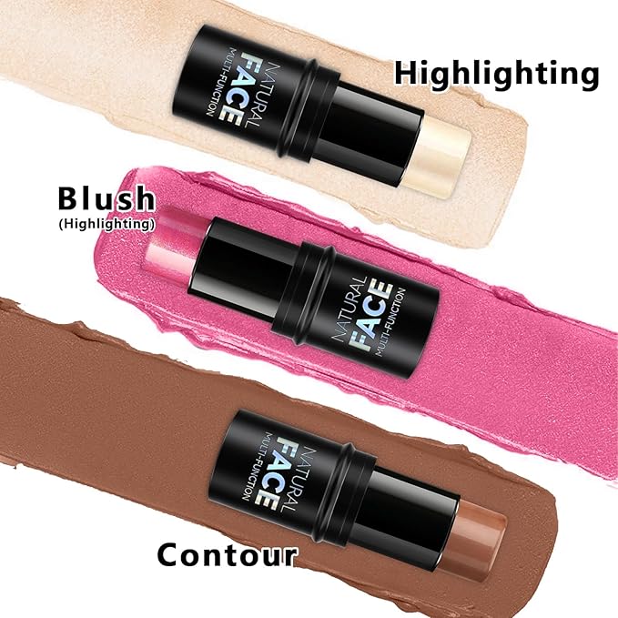3Pcs Cream Contour Stick Makeup Kit, Shades with Highlighter Stick, Blush Stick and Bronzer Contour Stick for Sculpt the Cheeks, Long Lasting, Waterproof, Matte & Dewy Finish (LIGHT)-Velvo Beauty