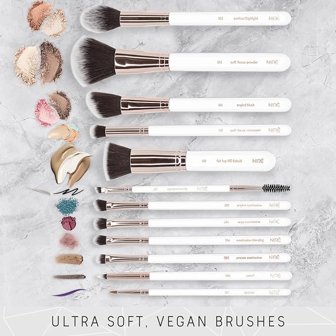 Niré Beauty White 15piece Award Winning Professional Makeup Brush Set: Vegan Makeup Brushes with Case, Makeup Sponge, Cleaner, Guide, Gift Box-Velvo Beauty