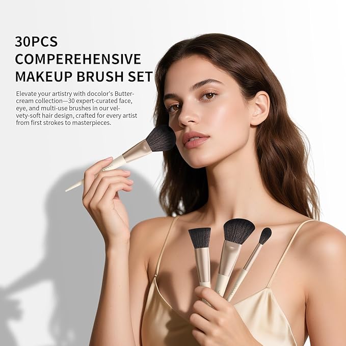 Docolor Makeup Brushes Set Professional 30Pcs Makeup Brushes Premium Synthetic Powder Kabuki Foundation Contour Blush Concealer Eye Shadow Blending Eyeliner Crease Eyebrow Make Up Brush Kit - Beige-Velvo Beauty