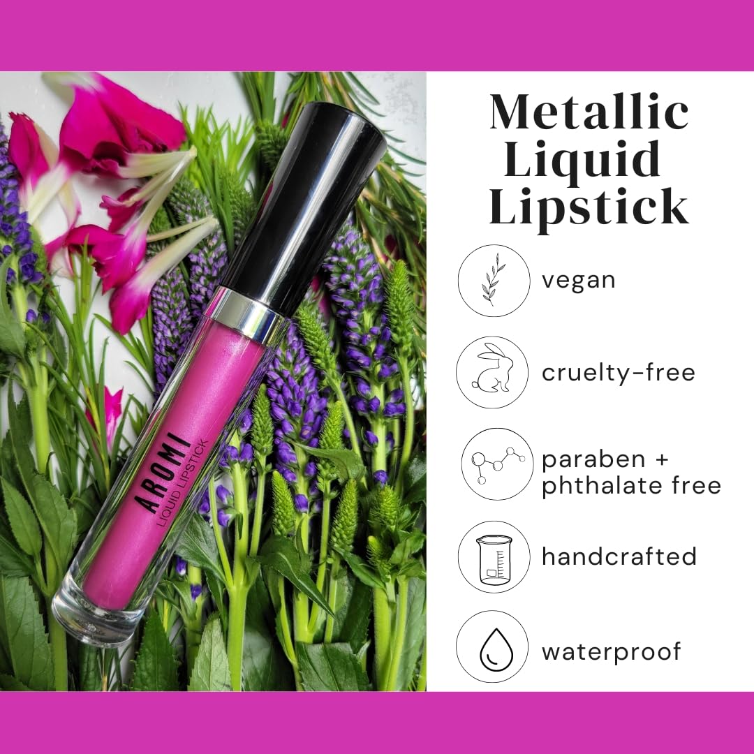 Aromi Metallic Liquid Lipstick | Long-lasting, Fuchsia, Pink Lip Color with Shimmery Finish, Waterproof, Vegan, Cruelty-free, Gluten Free (Moody Magenta)-Velvo Beauty