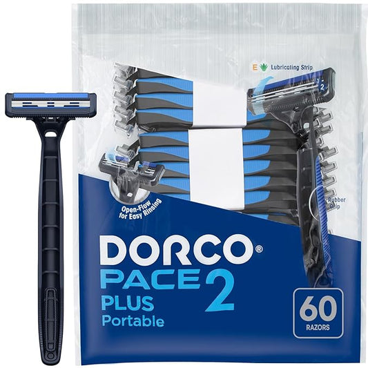 Dorco Pace 2 Plus Disposable Razor, 2 Blades, Pivoting Head, Open-Flow for Easy Rinsing, Lubricating Strip, Long Non-Slip Rubber Handle (60ct)-Velvo Beauty