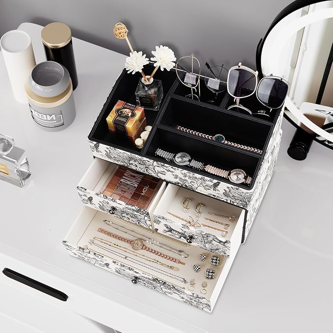 GORESE Leather Makeup Organizer with 3 Drawers for Vanity, Stackable Skincare Holder Dresser Organizer Countertop, Make Up Storage Organizers Counter Cosmetic Display Case Gift for Women(Retro Black)-Velvo Beauty