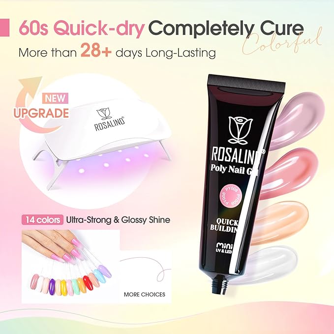 ROSALIND Poly Nail Gel Kit -14 Colors Nail Art Accessories kit Clear Nude Nail Extension Gel Starter with Slip Solution White Nude Pink Nail Extensions Gels Set with Mini UV Lamp-Velvo Beauty