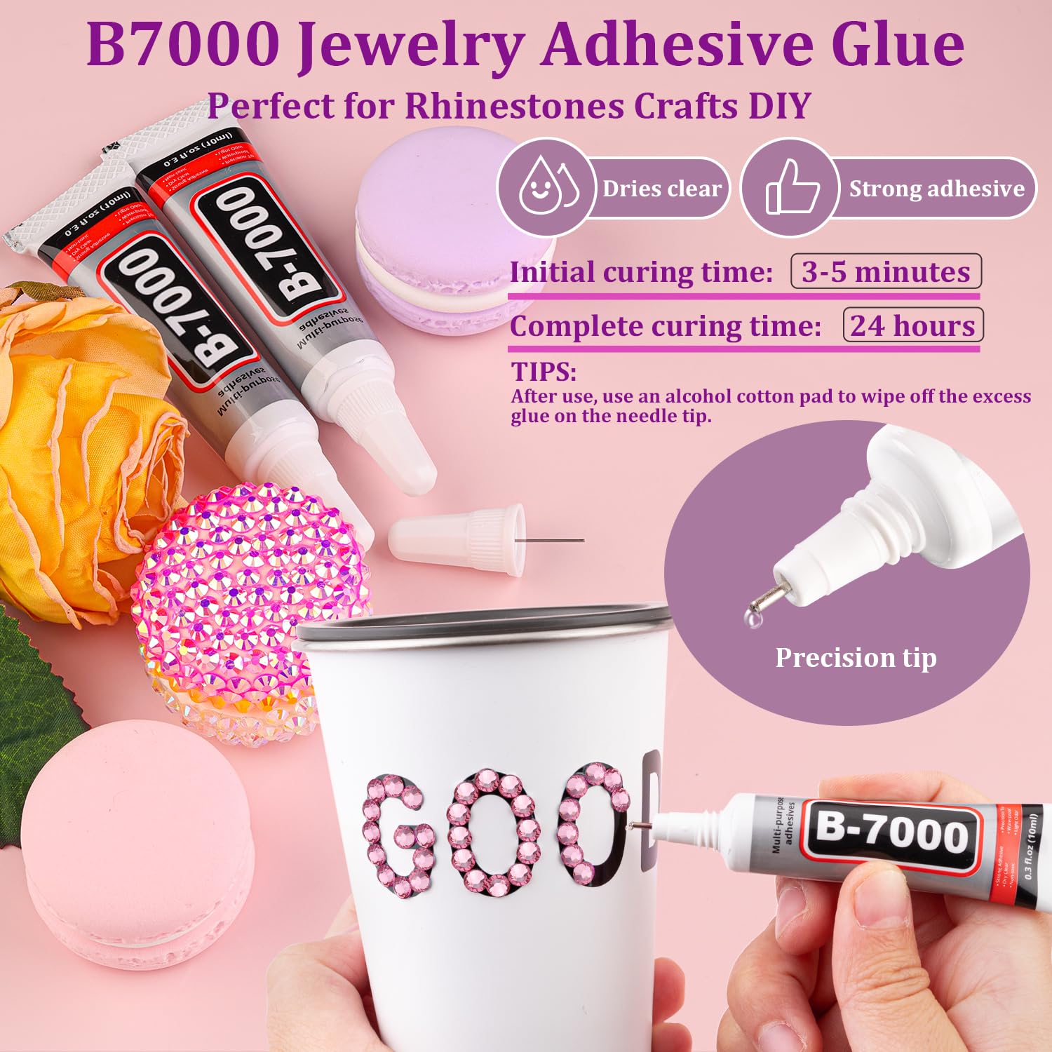 25000Pcs Resin Rhinestones with Tweezers for Crafting, Dark Pink 2-6mm Mixed Sizes Bedazzling Crystal with 3Pcs 10ml B7000 Jewelry Glue for DIY Crafts Clothing Tumblers Shoes Fabric Nail Art-Velvo Beauty