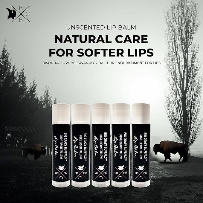 Pure Bison Tallow Lip Balm, Unscented, (5 pack) - Moisturizing, Non-Habit Forming, Soothes Chapped Lips-Velvo Beauty