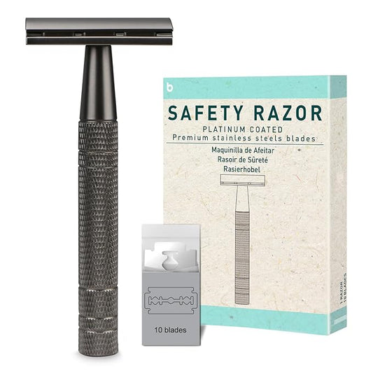 Matte Gun Black Double Edge Safety Razor, Single Blade Razors for Men and Women, with 10 Stainless Steel Safety Razor Blades, Reusable, Eco-friendly, Smooth and Close Shaving, Plastic Free-Velvo Beauty