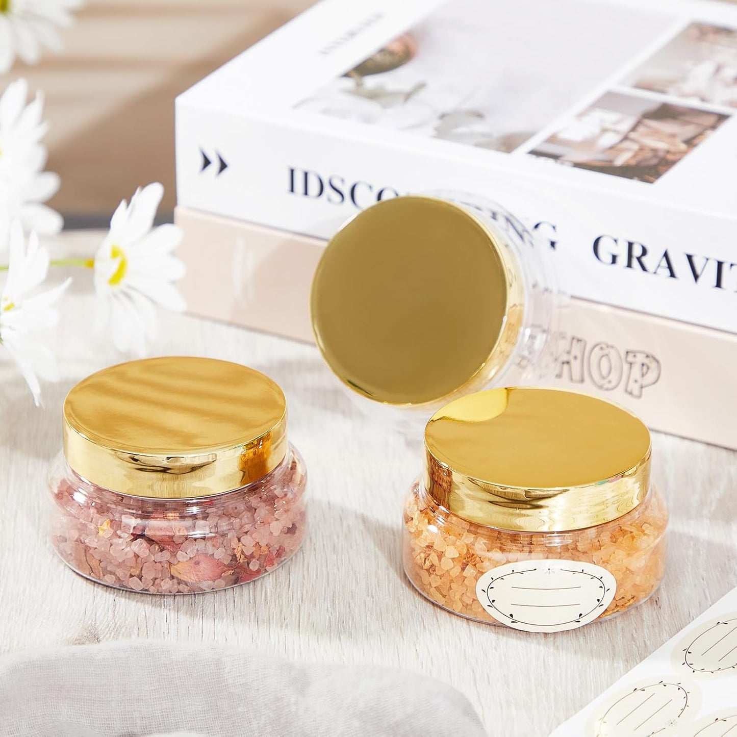 Tessco 24 Pack Plastic Jars with Lids Labels Empty Clear Plastic Jars Round Refillable Cosmetic Containers Body Butter Containers Bulk Sugar Scrub Bottle for Make Up(5 oz,Gold)-Velvo Beauty